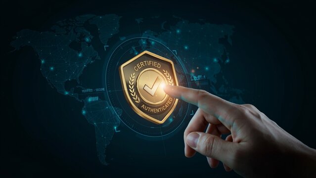Global Digital Certification and Authentication: Hand Touching Certified Badge on World Map Network