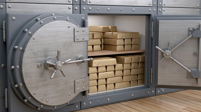 Secure bank vault door open revealing stacks of precious gold bullion bars inside a safe