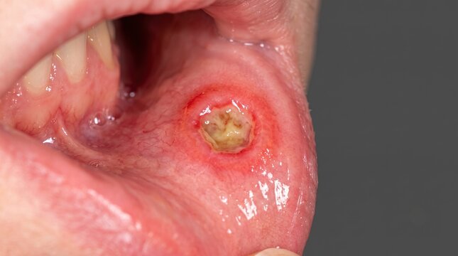 Extreme Close Up of Painful Aphthous Stomatitis Canker Sore Ulcer Inside Lip Mouth