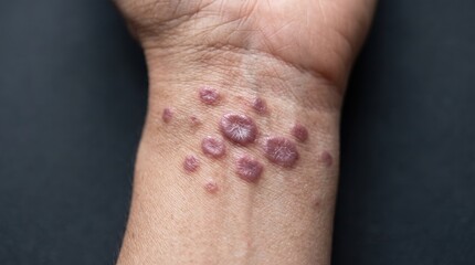 Fototapeta premium Close Up of Violet Lichen Planus Polygonal Papules Rash on Inner Wrist Skin