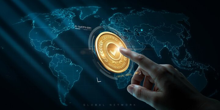Global Digital Certification and Authentication: Hand Touching Certified Badge on World Map Network