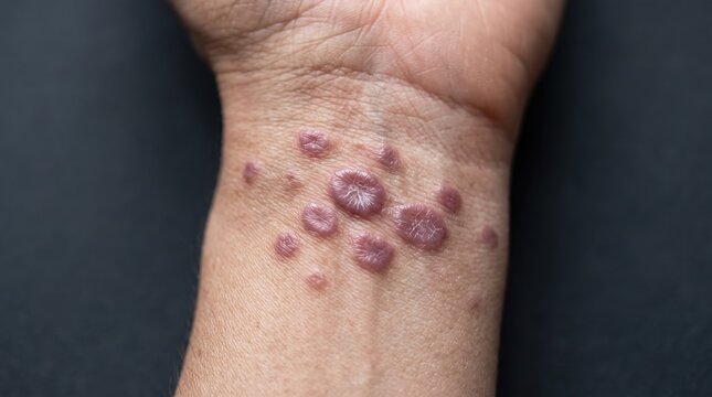 Close Up of Violet Lichen Planus Polygonal Papules Rash on Inner Wrist Skin