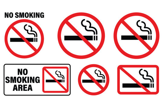 Collection of no smoking circular and rectangular signs with no smoking non smoker warning sign health safety prohibited cigarette restriction isolated background collection