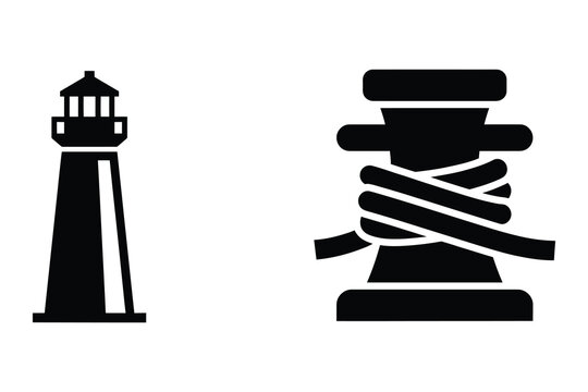 Nautical lighthouse and bollard with rope icons nautical navigation maritime safety harbor equipment icon port infrastructure navigation aid theme gear lighthouse