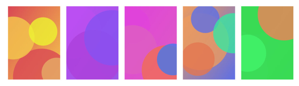 A series of five vertical rectangular panels featuring vibrant abstract gradients with soft blurred circular shapes in colorful rainbow hues for modern design