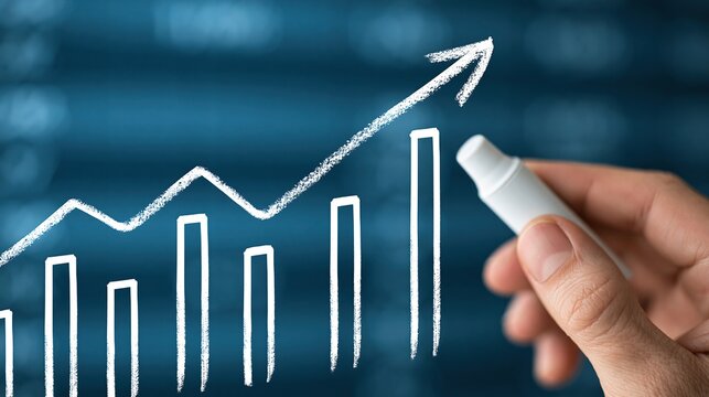 Hand drawing upward trending bar graph with arrow signifying financial growth and success on a blue background
