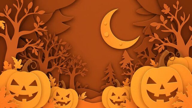 Halloween Paper Cutout Animation with Spooky Pumpkins and Rising Moon Background for Holiday Seasonal Decorations