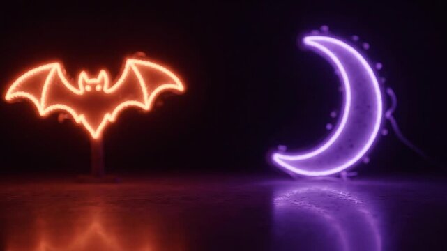 Neon Bat and Crescent Moon Halloween Decorations Glowing in the Dark on a Reflective Surface for Festive Party Decor