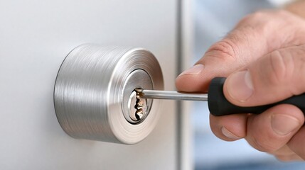 Fototapeta premium Close up of a locksmith's hand picking a metal door lock cylinder with a tool