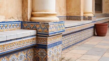 Obraz premium Close-up of ornate blue and yellow mosaic tiles and plaster walls on a sunlit terrace with a terracotta pot