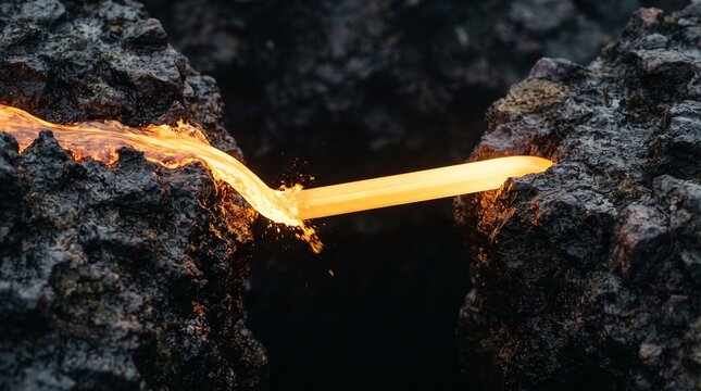 Glowing liquid gold actively forming a solid bridge across a dark rocky abyss, a powerful metaphor for closing a deal and strategic connection.