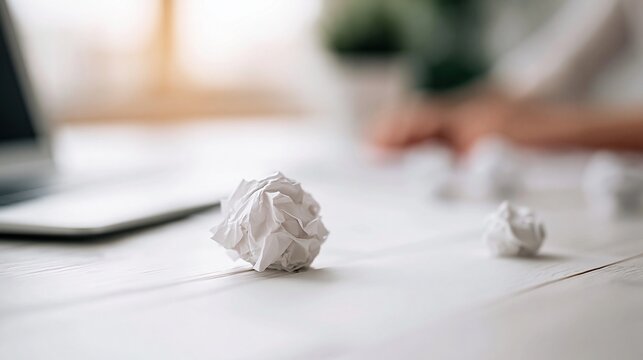Crumpled paper balls on a desk symbolizing frustration and failed ideas, with a blurry background of a workspace.