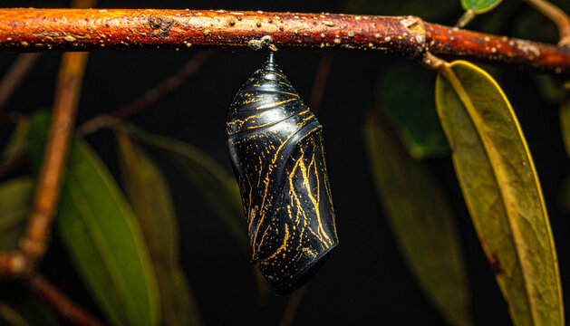 A monarch butterfly pupa hangs securely from a woody branch as natural metamorphosis occurs within the protective casing while the surrounding foliage remains dimly lit in the humid tropical
