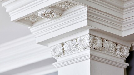 Obraz premium Intricate White Plaster Architectural Molding and Cornice Details with Floral Accents