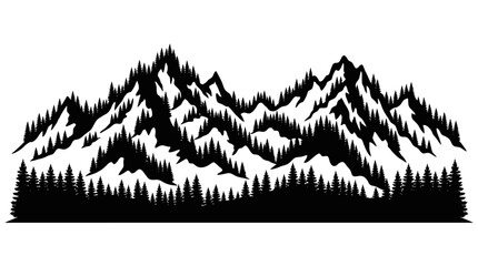 Mountain range silhouette with jagged peaks and dense evergreen forests stretching across the base, rendered in a striking black and white minimalist style. © MstRahela