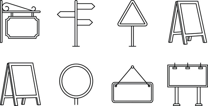 Blank Signboard and Street Signage Line Icon Set Featuring Outdoor Billboards Sandwich Boards Hanging Plaques and Directional Pointer Vector Symbols