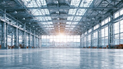 Obraz premium Vast, Empty Industrial Warehouse Interior with Natural Light Flooding Through Large Windows and Skylights