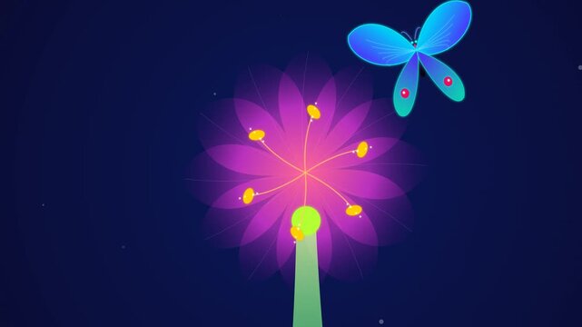 Educational 2D animation illustrating plant pollination where a butterfly aids in fertilization causing a pollen tube to travel down the style into the ovary