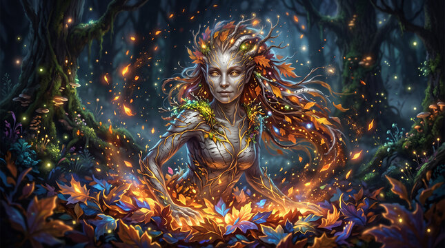 A mystical wood nymph emerges from a vibrant pile of fallen autumn leaves within an enchanting forest setting where glowing embers and magical golden light dance around her graceful wooden form