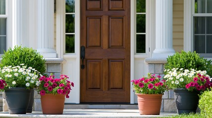 Obraz premium Symmetrical arrangement of vibrant potted flowers flanking a classic wooden front door with white columns on a sunny day