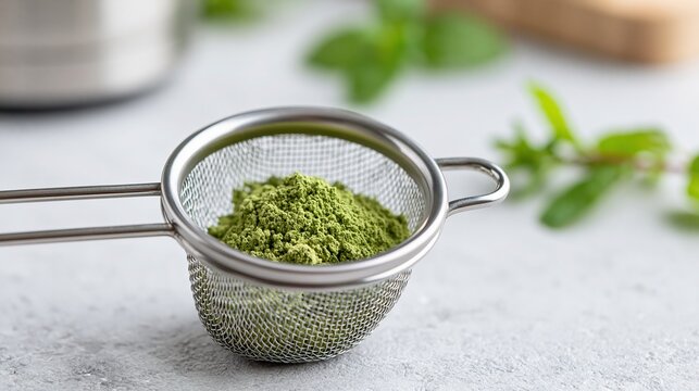 Fine mesh strainer filled with vibrant green matcha powder resting on a light textured surface surrounded by fresh mint leaves