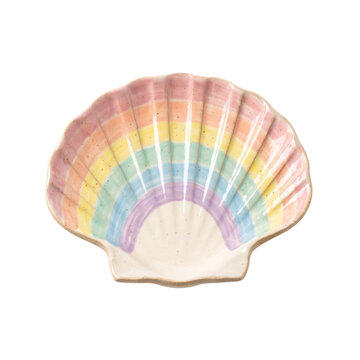 Rainbow shell shaped plate. Decorative ceramic dish isolated on white background.