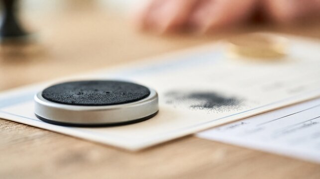 Close-up of a notary stamp pad and ink, ready for official document authentication