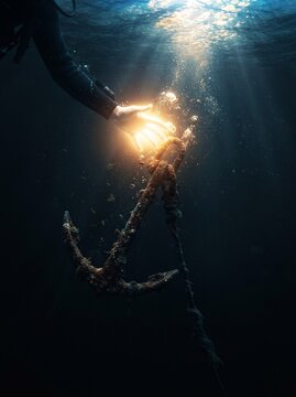 A glowing golden hand letting go of a heavy dark iron anchor underwater, symbolizing the sunk cost fallacy and cutting losses.