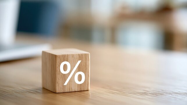 Wooden cube with percent symbol on a desk, representing finance, sales, and discounts