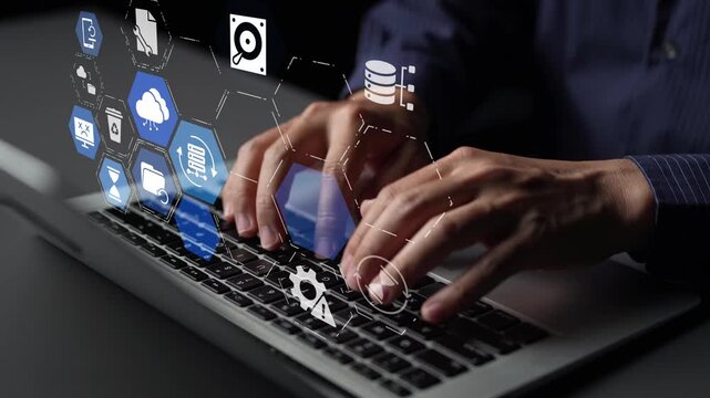 Data recovery icons show backup, data recovery process, and secure restoration. Data recovery ensures system reliability, data recovery protection, and information access. Funnel