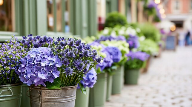 Lush purple and blue hydrangeas and other flowers line a charming cobblestone street outside a storefront