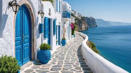 Obraz premium Charming Aegean village pathway with vibrant blue doors and sea views on a sunny day