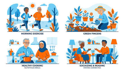 Fototapeta premium Active senior lifestyle panels showing exercise and healthy cooking.