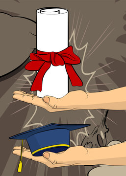 Cartoon, comic book human hands holding Graduation Cap and Rolled Up Diploma. Retro vector comics pop art design.