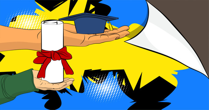 Cartoon, comic book human hands holding Graduation Cap and Rolled Up Diploma. Retro vector comics pop art design.