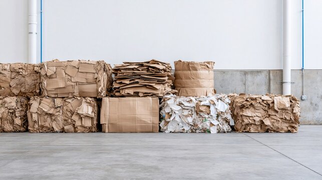 Stacked compressed cardboard and paper bales in a warehouse for recycling and sustainable waste management