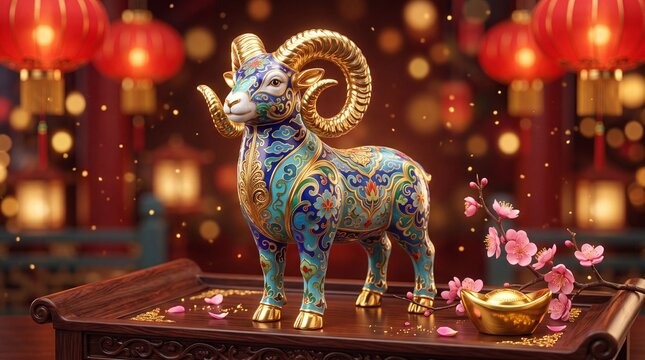 Traditional cloisonne goat statue with golden horns standing beside plum blossom and gold ingot with red lantern bokeh background for Chinese New Year.
