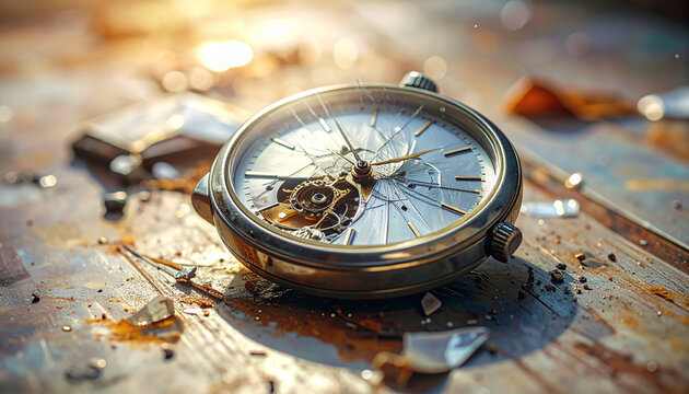 A close-up view of a vintage broken pocket watch with a shattered glass face lying on a rusty surface under warm sunlight.