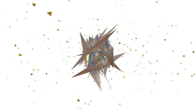 Abstract 3D geometric shapes exploding into flying particles on white background