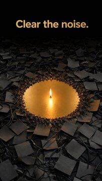 A glowing golden flame burning away dark cluttered sticky notes on a desk, featuring a quote about mental bandwidth and clearing the noise.