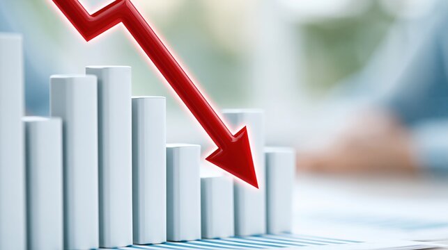 Red arrow pointing down on a financial bar graph, symbolizing a decline in stock market performance and economic downturn.