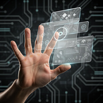 hand pushing virtual button on touch screen interface
