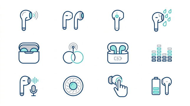 Flat design wireless earbuds icon set collection.