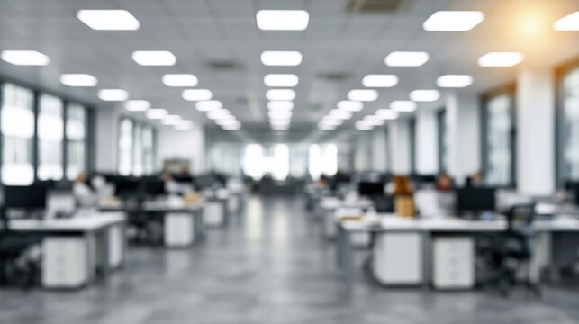 Blurred modern office interior with rows of desks and computer workstations illuminated by bright ceiling lights