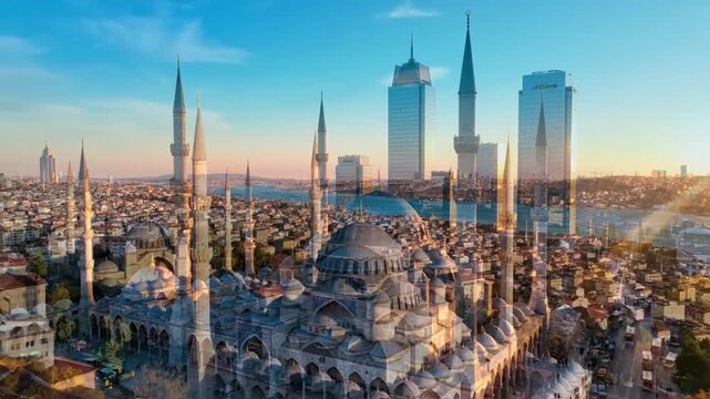 Iconic Sultanahmet Mosque and modern skyscrapers at sunrise, Istanbul cityscape, travel and urban development concept