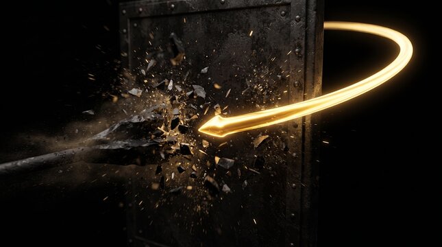 A glowing golden arrow sharply curving to avoid a dark iron wall, a dynamic visual metaphor for corporate pivoting and adaptability.