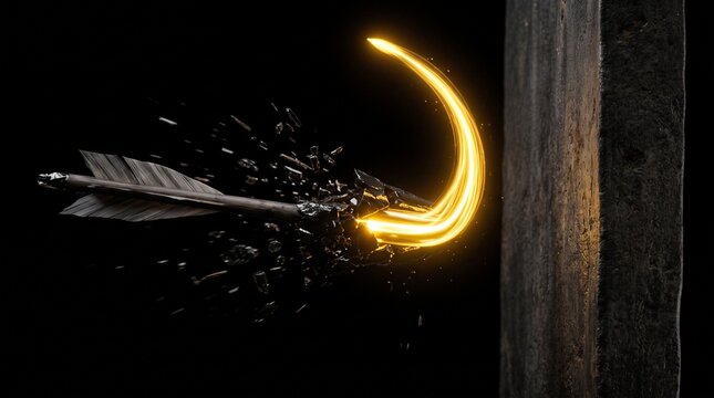 A glowing golden arrow sharply curving to avoid a dark iron wall, a dynamic visual metaphor for corporate pivoting and adaptability.