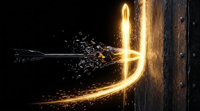 A glowing golden arrow sharply curving to avoid a dark iron wall, a dynamic visual metaphor for corporate pivoting and adaptability.