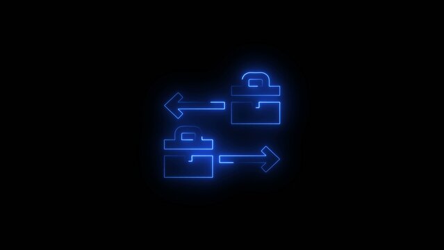 Neon blue glowing of two briefcases with bidirectional arrows on a dark Generate title without using the word "Title:" before it. background