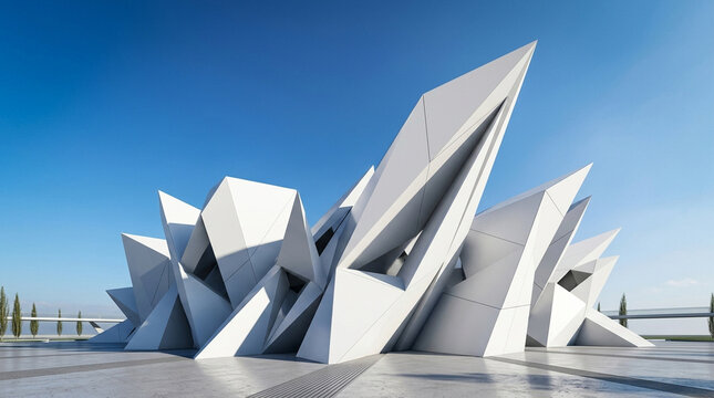 Futuristic deconstructivist architecture with sharp geometric angles, modern white crystalline building facade, contemporary abstract urban structure